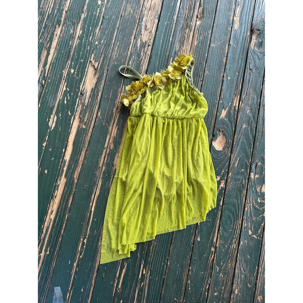 Art Stone 2176 Chartreuse Green One Shoulder 3D Floral Mesh Dance Tunic MA